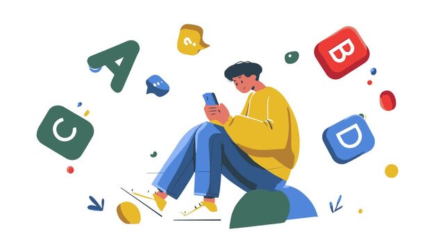Person reading and engaging with colorful letters and symbols in a playful educational illustration.