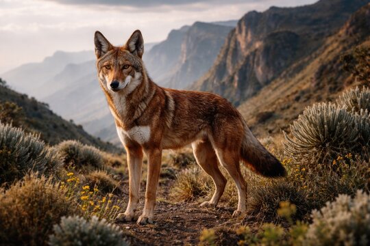Simien Wolf Standing Majestically in Ethiopian Highlands Landscape