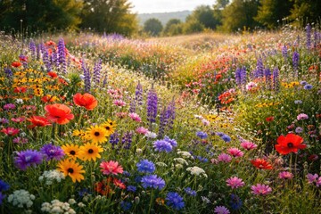 Obraz premium Vibrant Wildflowers Blooming in Abundant Meadow During Peak Flowering Season