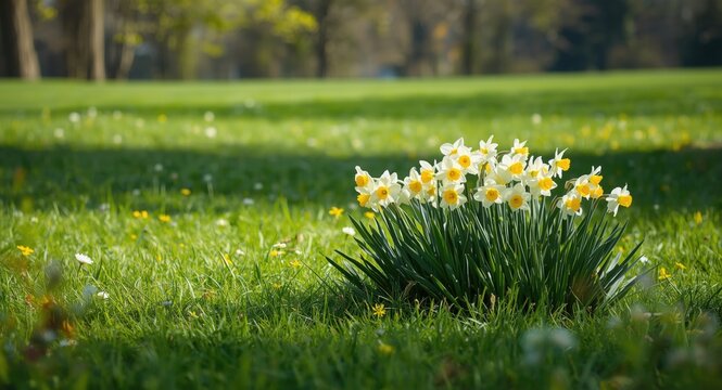 Lush park meadow featuring a profusion of white and yellow daffodils blooming in spring