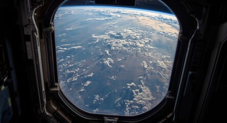 Fototapeta premium Window vantage point aboard a space station showcasing Earth's colorful cloud formations