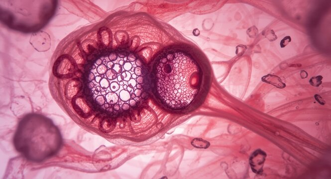 Fetal ovary micrograph with clear visualization of oocytes in leptotene and pachytene prophase stages