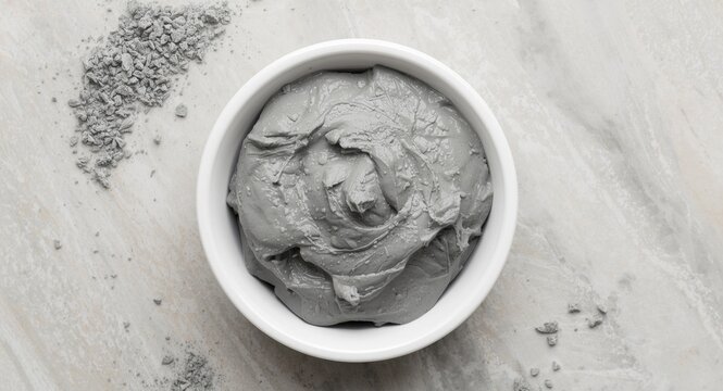 Gray bentonite clay mask in small white bowl top view for spa treatment copy space