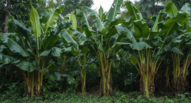 Saba banana plants growing tall amidst dense greenery