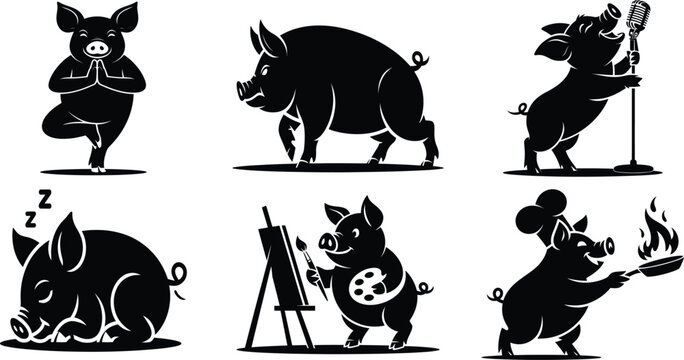 Black and white pig silhouettes in various activities pigs meditation sleeping
