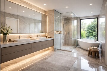 Fototapeta premium Modern Luxury Bathroom with Gleaming Surfaces and Stylish Design