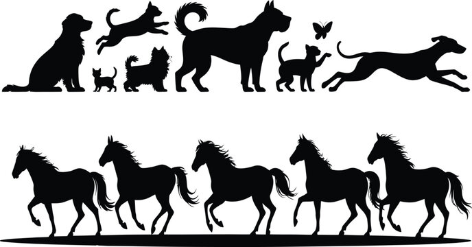 Black silhouettes of dogs cats and horses on white background animal