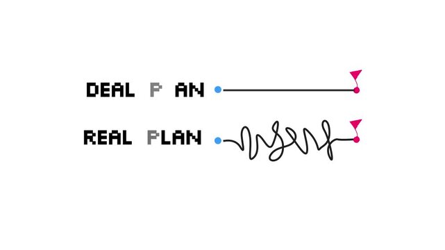 Two contrasting phrases in minimalist typography showcasing 'Deal Plan' and 'Real Plan' with hand-drawn accents.
