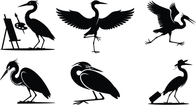 Black silhouettes of herons in various poses and activities bird white background