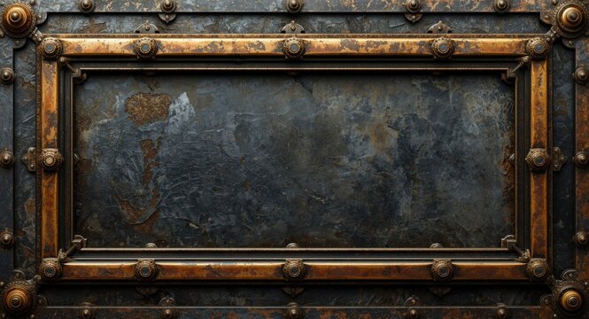 Vintage metal frame mockup with steampunk industrial design ready for text