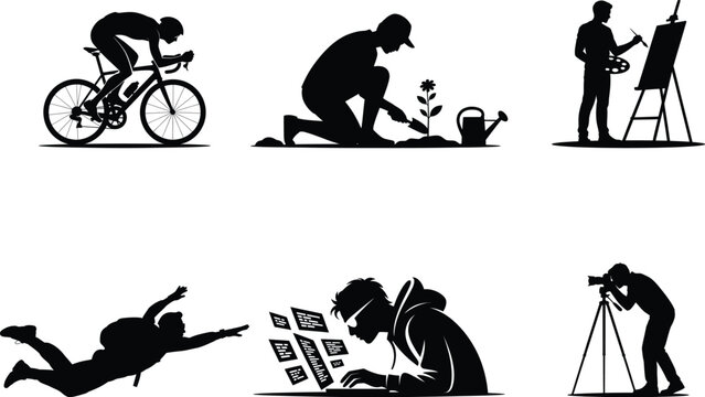 Black silhouettes of people engaging in various activities hobbies cycling