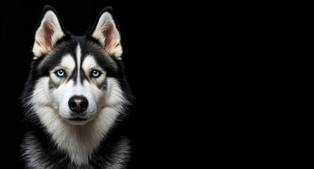 Obraz premium Siberian Husky with icy blue eyes on black backdrop alongside copy space for text