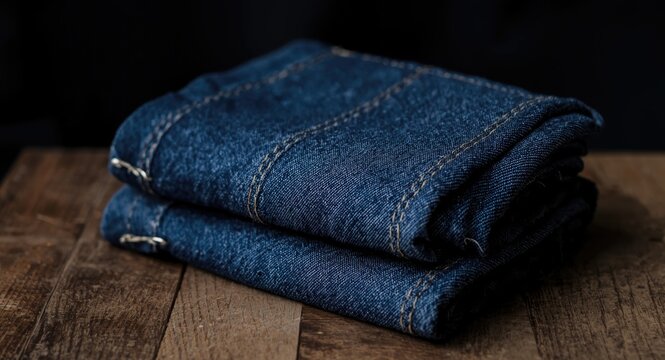 stack of blue denim jeans folded on rustic wooden table surface