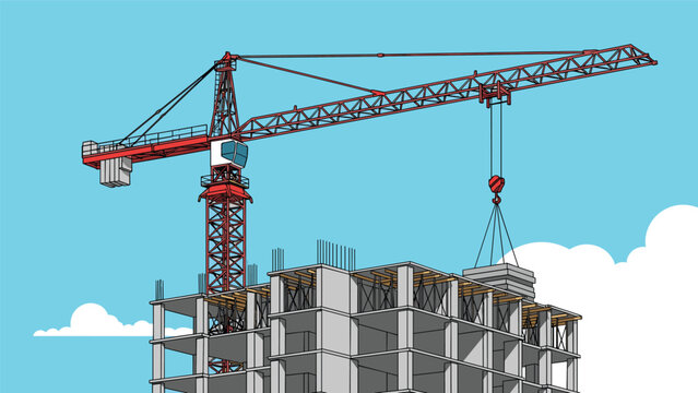 Large industrial tower crane lifting heavy concrete slabs at a multi-story building construction site under a clear blue sky.