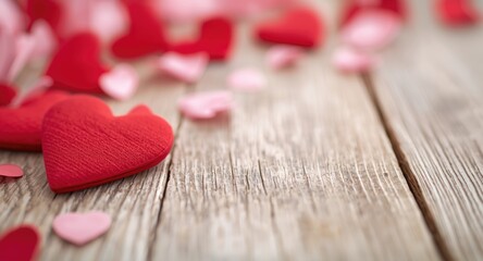 Fototapeta premium Valentines Day love heart decor concept with a softly blurred wooden texture background and copy space