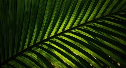 Obraz premium Sunlit palm leaf with natural green veins and texture