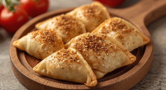 Traditional fatayer stuffed with creamy cheese and spiced meat presented on wooden serving plate