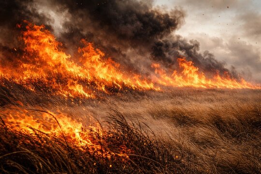 Unstoppable wildfire spreading across dry grass field under strong wind