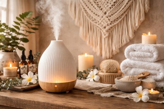 Aroma diffuser with relaxing oils and bath items in a peaceful home spa setting featuring decorative macrame tapestry