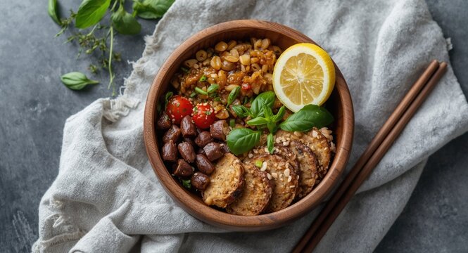 Wooden bowl filled with high protein plant based meal