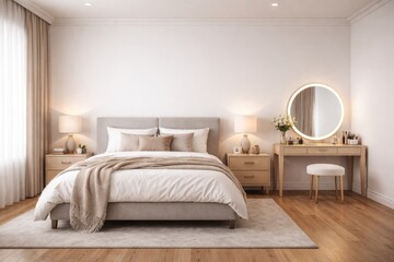 Fototapeta premium Contemporary bedroom interior with white walls and wooden floor featuring a double bed and makeup table frontal view mockup