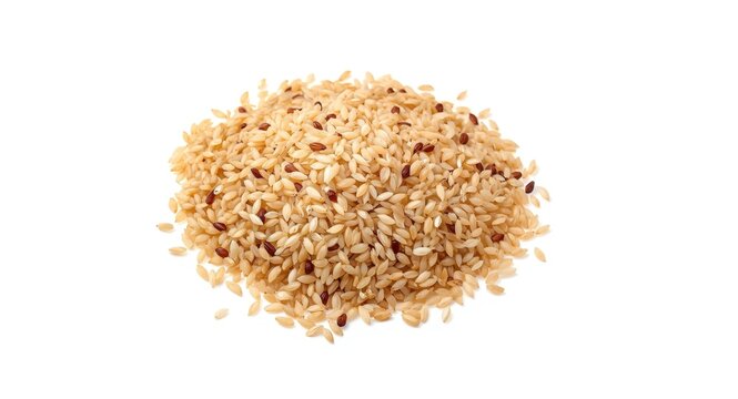 Organic brown rice spread on bright white background with clipping path
