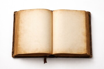 Naklejka premium Open vintage book with blank pages on white background featuring copy space