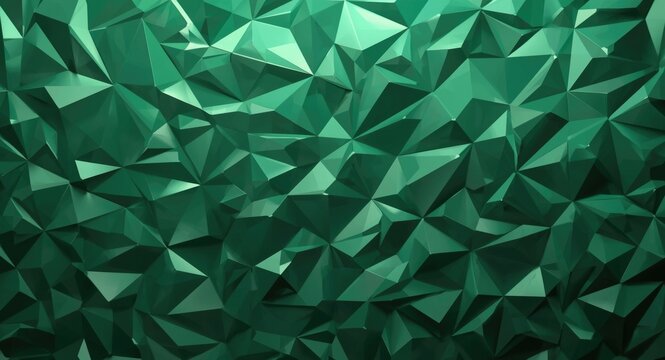 Widescreen 3D abstract low poly triangular pattern with metallic green prism texture background