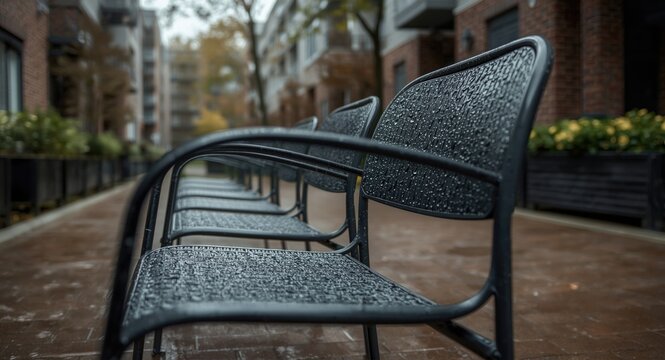 Urban residential courtyard with resting metal chairs displaying raindrop patterns