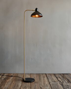 Modern Industrial Brass Floor Lamp with Black Dome Shade and Warm Edison Bulb, Rustic Wood Floor, Textured Gray Wall