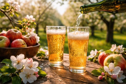 Refreshing brut apple cider poured in glasses with blooming apple tree flowers on a bright spring afternoon in orchard