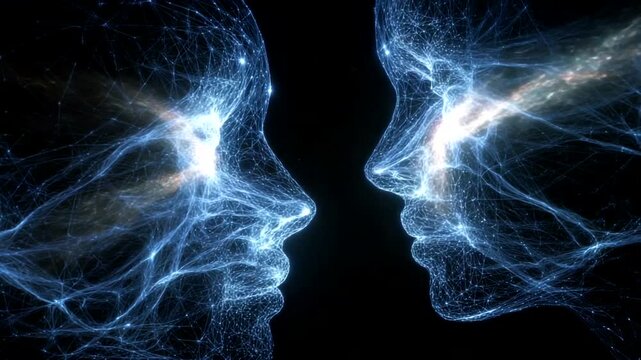 Abstract representation of two faces connected by energy