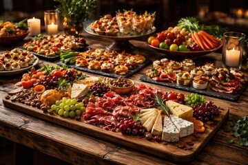 Fototapeta premium Elegant catering appetizers arranged on a rustic wooden table with assorted cheeses meats and fresh vegetables