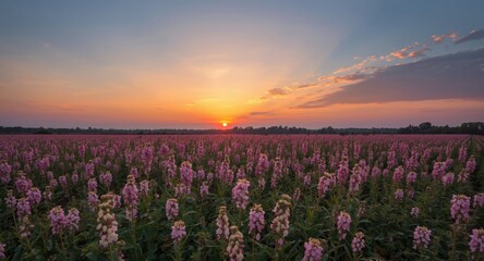 Obraz premium Sunset scene featuring expansive chia fields abundant with blossoms