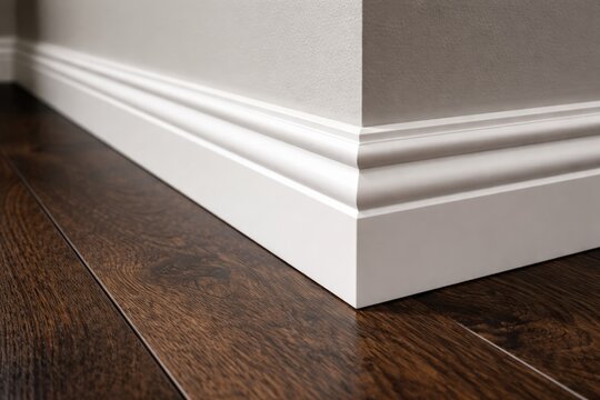 Close up view of white plastic baseboards installed on dark hardwood floor