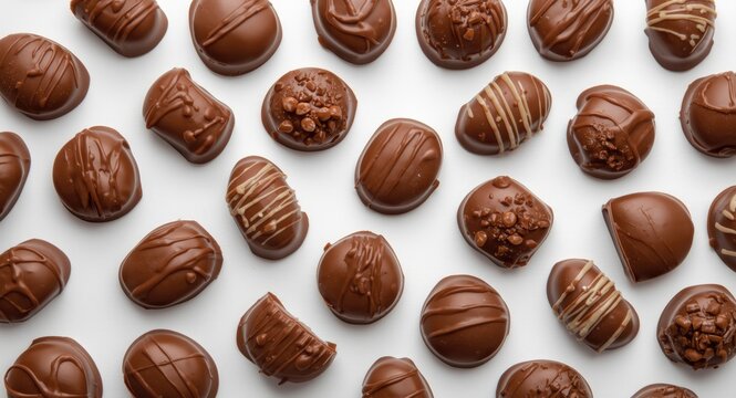 Overhead image of an assortment of chocolate pralines on pure white background