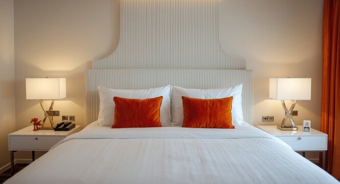 Fashion forward bedroom environment featuring a white king size bed accented by energetic orange pillows and modern styling
