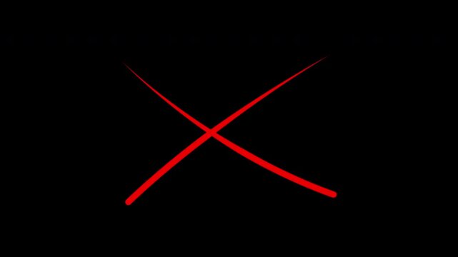Hand Drawn Cross X Mark Rejection Animation, Symbolizing Cancel, Error, Prohibition, and Denial, on black background