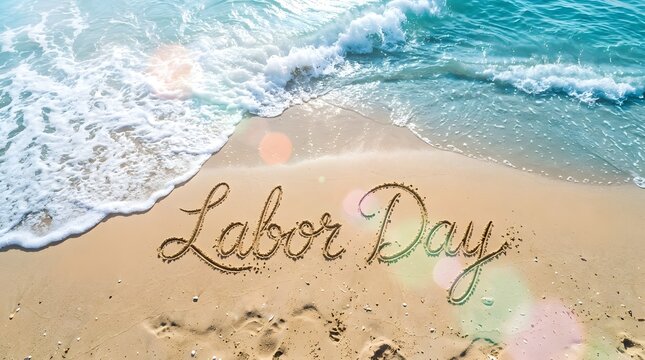 Labor Day handwritten text on a sandy tropical beach with turquoise ocean water and white sea foam waves under bright sunlight with colorful lens flare effects.
