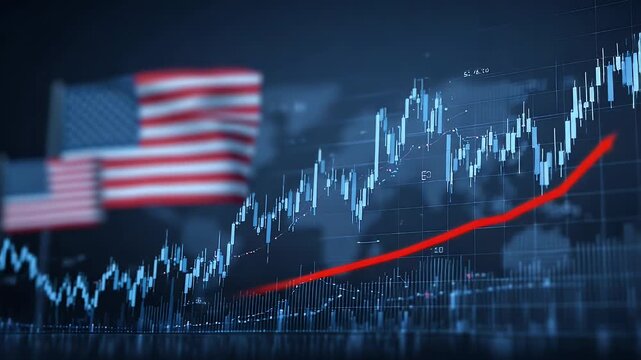 American stock market financial concept shows growth of united states economy with red upward arrow moving across trading chart and waving usa flags on digital screen background animation.