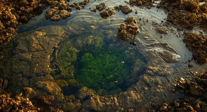 Tidepool scene with algae and rocks glowing softly in sunset light plus copy space