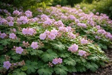 Obraz premium Geranium macrorrhizum groundcover featuring lilac pink blooms and lush foliage for garden decoration