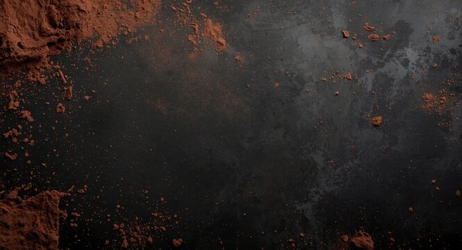 Textured dark backdrop featuring floating brown and black powder splashes from an explosion