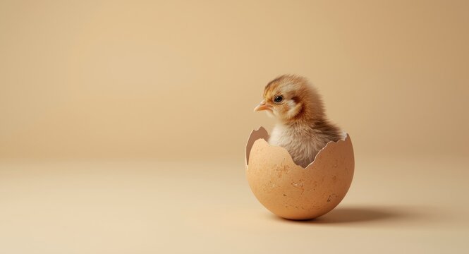 Young chick newly hatched breaking eggshell on calm beige background with generous copy space