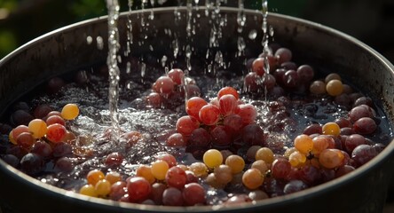 Fototapeta premium Washing of red and white grapes in bucket of water during wine grape harvest