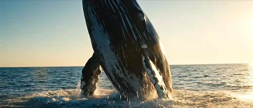 A humpback whale breaches the ocean surface, its massive body emerging from the water against a clear sky and bright sunlight.