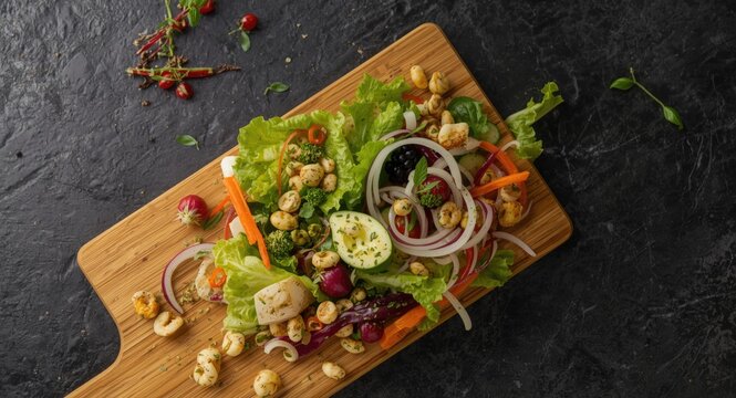 Weight loss salad with assorted vegetables on wooden plank and black stone textured backdrop with copy space