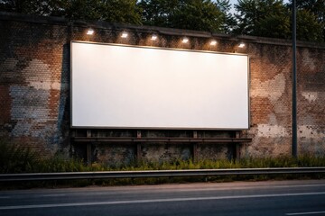 Fototapeta premium Empty billboard for advertising on a roadside with an aged brick wall backdrop