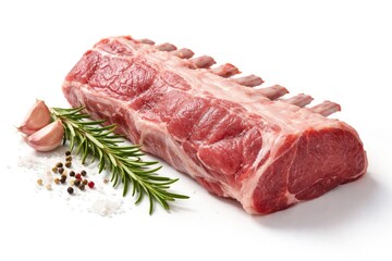 Fototapeta premium Raw Lamb Loin Cut with Garlic and Herbs on White Background