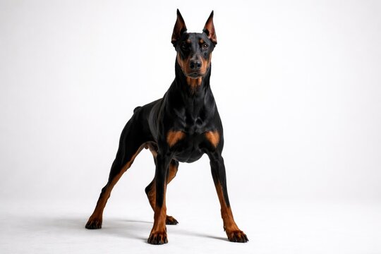 Alert Doberman dog posing on a white studio backdrop with protective stance